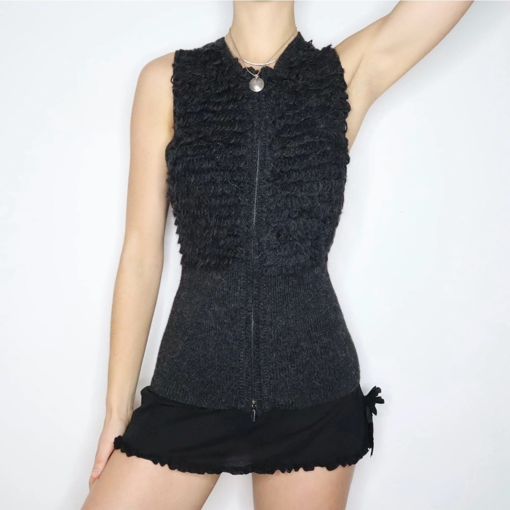 BCBGMaxAzria Luxury Charcoal Textured Alpaca Knit Zipper Up Sweater Vest